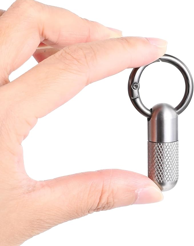 Small Pill Case Keychain Tiny Portable Carabiner Clip Pill Holder Bottle Micro Waterproof Metal Pill Container Mini Emergency Medicine Organizer (Silver Reticulation)
