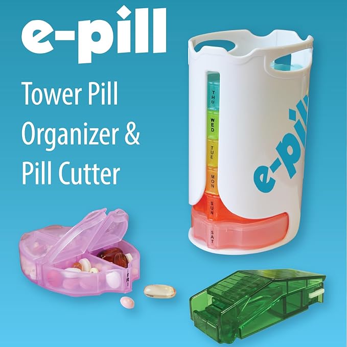 e-Pill Tower Pro - 4 Times a Day x 7 Day Weekly Pill Organizer, Vitamin and Medicine Pill Box - Stackable Pillbox Holder and Pill Cutter