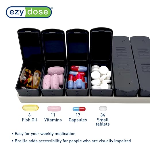EZY DOSE Weekly (7-Day) AM/PM Daily Pill Case, Embossed Matte Pill Case, Daily Medicine & Vitamin Organizer Box, Large Easy-Open Compartments, BPA-Free Medication Planner for Home & Travel, Black