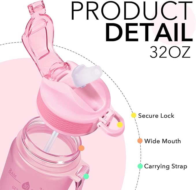 Hyeta 32oz Water Bottles with Straw - Stay Motivated and Hydrated with Convenient Times to Drink Markings, Durable, Leak-proof