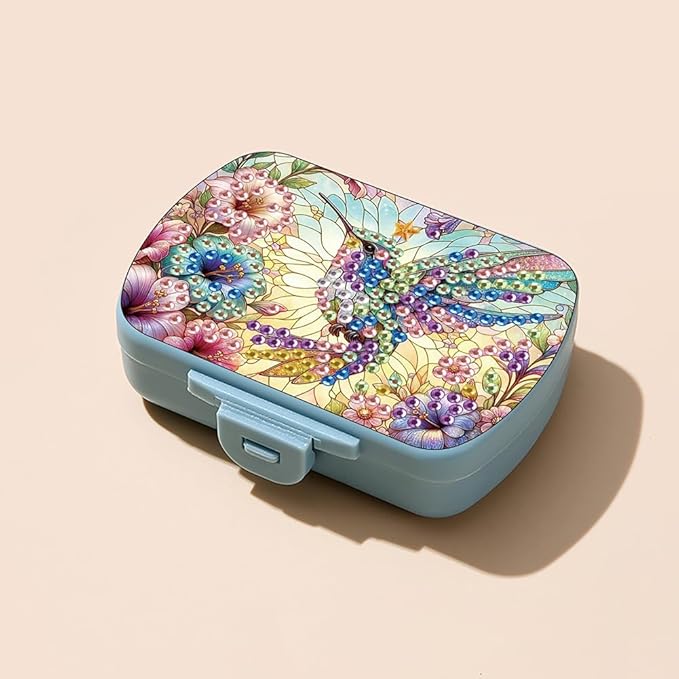 C'eitura DIY Hummingbird Diamond Art Painting Blue Pill Organizer with 6 Lid Detachable Compartments, Fun DIY Craft Project for Adults, Elegant Pill Case for Purse & Travel