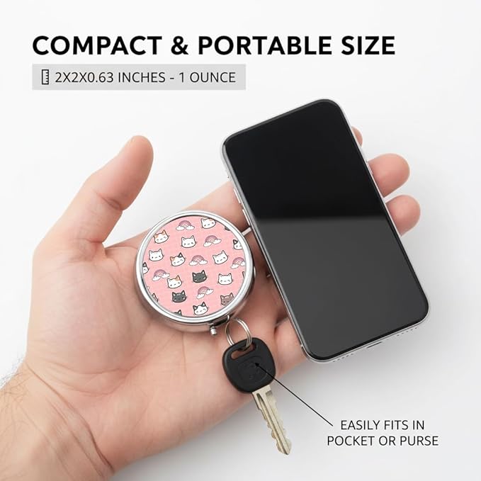 Cartoon Cat Pill Box 3 Compartment Small Pill Case,Portable for Pocket or Purse Pill Organizer Pill Container Holder with Mirror to Hold Vitamins, Medication, Fish Oil and Supplements