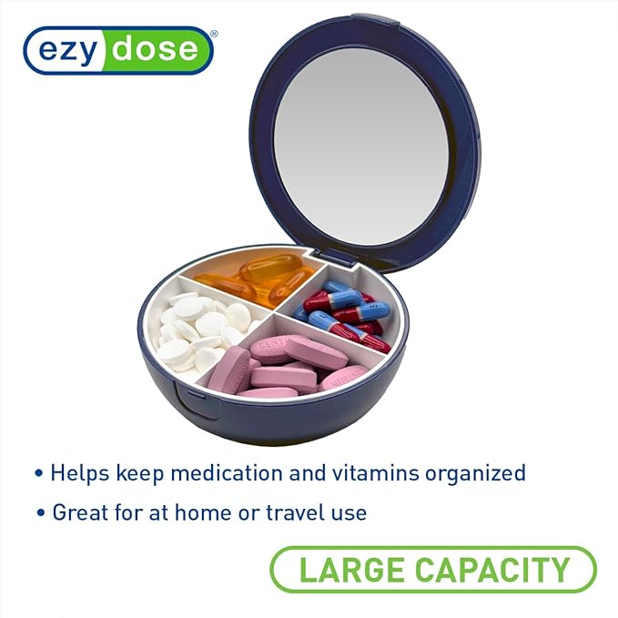 EZY DOSE Travel Pill Organizer with Built-in Mirror, Compact and Portable Medication Case for Daily Vitamins, Pills, and Medicine Management, Ideal for Travel and On-The-Go Use, Blue
