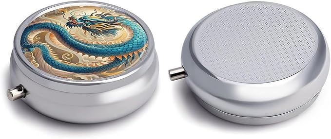 Dragon Pill Box Travel Pill Case for Purse Pocket Weekly Medicine Organizer with Mirror 3 Compartment Round Medicine Case Portable PillcaseHolder for Daily