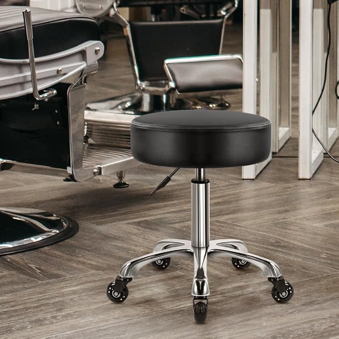 Heavy Duty Rolling Stool with Wheels Hydraulic Swivel Adjustable Rolling Chair Ergonomic Thick Leather Seat Stool Chair for Kitchen Drafting Lab Office Salon Message Stool – Black