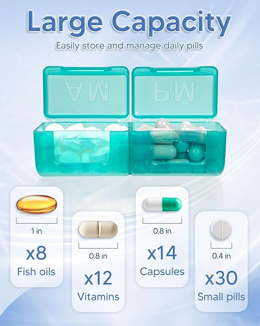 Monthly Pill Organizer 2 Times a Day, FRIWOLE Medicine Box with Portable Weekly Pill Bag, Pill Taker Remover, Pill Cutter and 2 Sticker (Purple, 2 Times a Day)