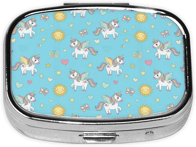 Cute Unicorn Pill Case Pill Box with Mirror Retro Pocket 2 Compartment Medicine Case Vitamin Pill Organizer for Pocket Purse and Travel Gifts