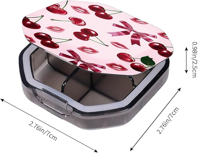 This Portable Pink Cherry Lip Print Pattern 4-Compartment Pillbox Can Be Placed in A Pocket Or Wallet to Store Vitamins, Medicines Fish Oil Health Supplements Other Medications.