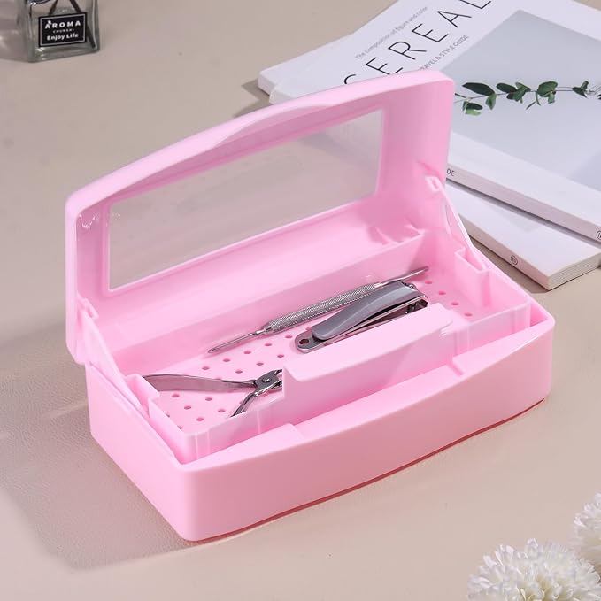 Nail Tool Sterilizer Box Plastic Disinfectant Container for Nail Art Accessories Tools, Sterilizer Soaking Box with Strainer Pedicure Manicure Cleaning Equipment, Pink