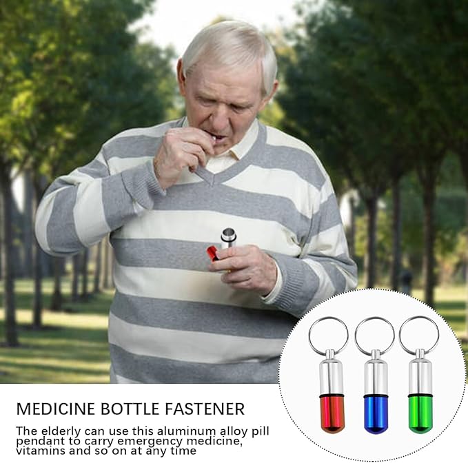 3Pcs Keychain Pill Case Portable Metal Medication Holder Aspirin Container Waterproof Mini Pill Box for Travel Outdoor (Red,Blue,Green)