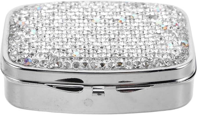 Portable Mini Pill Organizer Elegant Rhinestone 2 Compartment Crystal Small Pill Box Travel Medicine Case for Vitamins Liver Oil