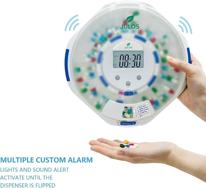 JULOS 28-Day Automatic Pill Dispenser with Lock for Elderly, Electronic Medication Organizer with Sound/Light Alerts, up to 6 Alarms/Day, Frosted Lid Medication Dispenser for Protecting Pills Privacy