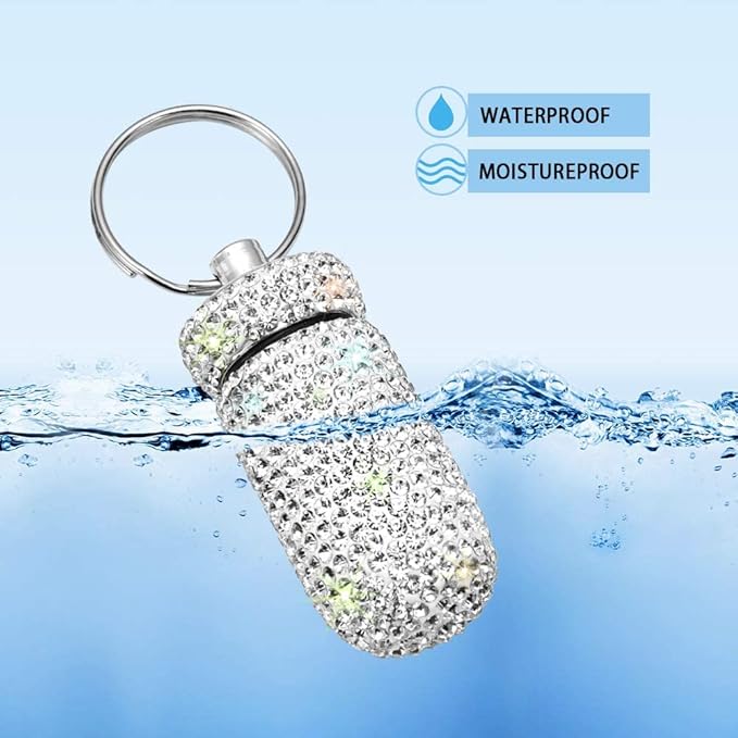 Portable Pill Case Pill Container Waterproof Pill Holder with Keychain Bling Pill Box Medicine Dispenser Bottle Storage for Outdoor Camping Travel (White)