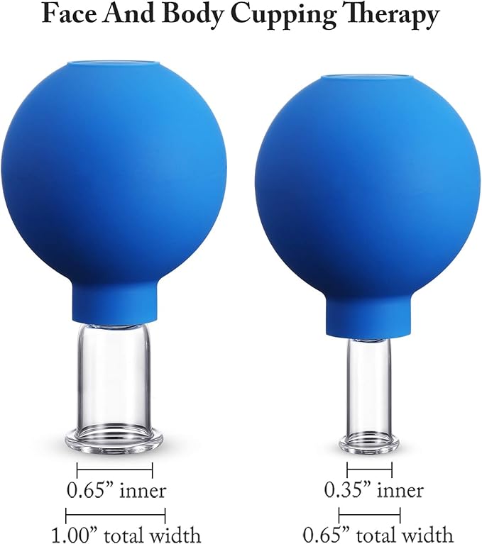 Nuanchu 2 Pieces Glass Cupping Set, Facial Cupping Cups Glass Silicone Cups Vacuum Suction for Face Skin Back Shoulder Muscle (1 Inch and 0.65 Inch Diameter,Blue)