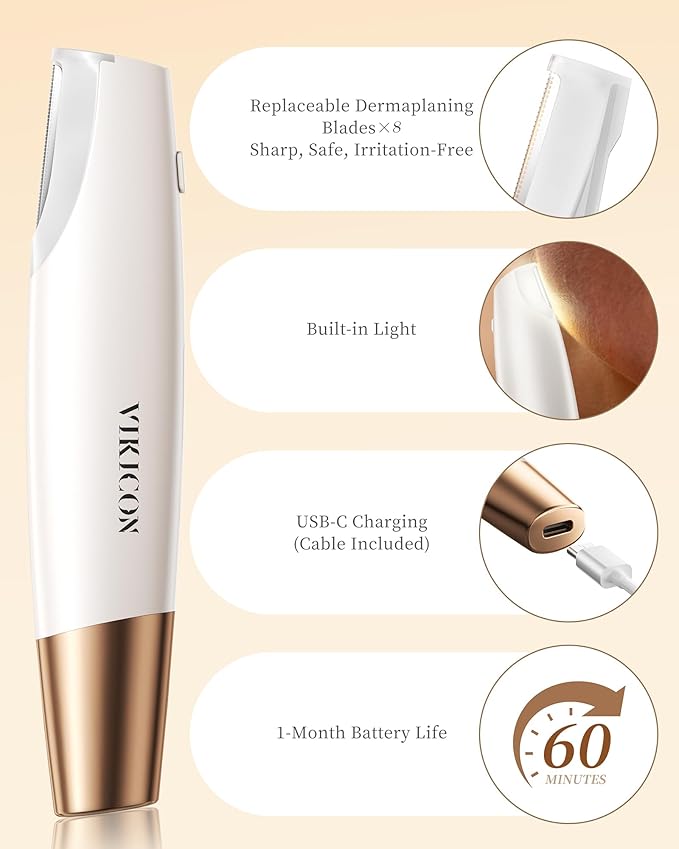 Sonic Dermaplaning Tool for Women Face - Smooth Skin, Rechargeable Dermaplane Razor for Face, Non-Irritating Facial Hair Remove & Exfoliating, 8 Refill Blades Included, Perfect Gifts for Women - White