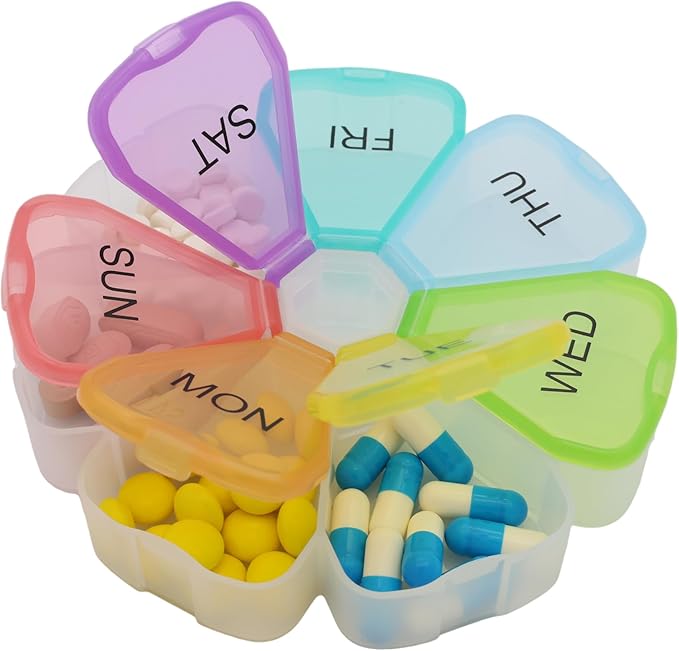 7 Day Weekly Pill Round Organizer, ShysTech Large Pill Case Pill Box 1 Time A Day for Pills/Medication/Supplements/Vitamin (Multi-Color)