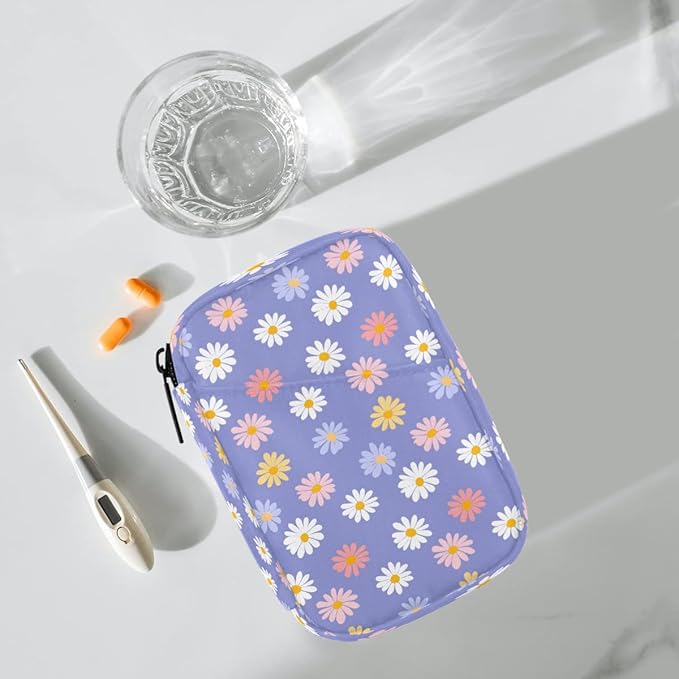 Cute Purple Daisies Pill Case Everyday Travel, 7 Day Weekly Medicine Pill Box Compact Portable Pills Bottle Organizer with Zipper for Daily Vitamin Medicine Holder Bottle Organizers Bag