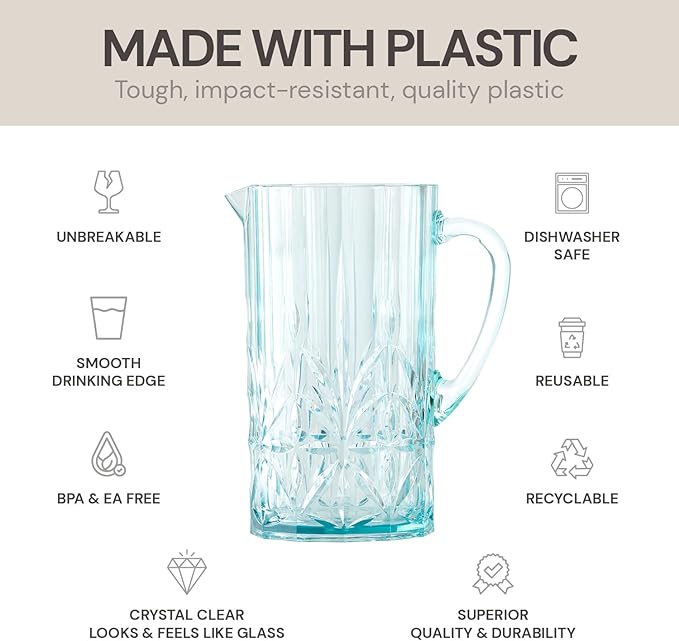 BELLAFORTE Shatterproof Tritan Plastic Water Pitcher With Lid, Myrtle Beach 88oz Unbreakable Water Jug with Handle Perfect for Orange Juice, Iced Tea & Beverage - Dishwasher Safe - BPA Free - Teal