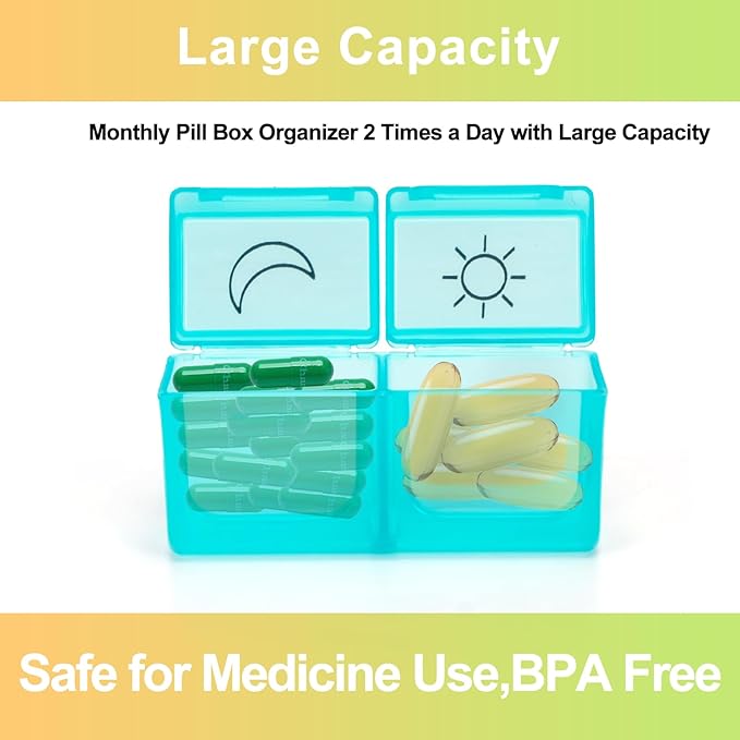 Monthly Pill Organizer 2 Times a Day,30 Day Pill Organizer 2X a Day,Pill Boxes and Organizer 2 Times a Day with Travel Case,Month Pill Box Organizer with 32 Daily Compartments,Moth Pill Box Am Pm