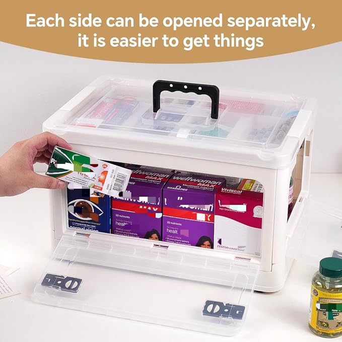 30qt Medicine Organizer Storage Box with 4-Side Opening Doors, 2 Tier Foldable Medication Organizer Empty, White Medicine Container Case Stackable First Aid Box for Home Medical Supply Storage