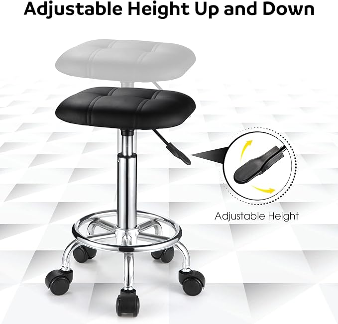 Square PU Cushion Rolling Stool with Wheels Height Adjustable Swivel Stools Office Chair Black