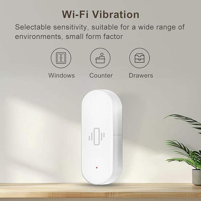Smart Vibration Sensor: Wireless Glass Break Detector, WiFi Door Sensor with App Alerts, Adjustable Sensitivity, Glass Break Security Sensor for Alarm System and Smart Home Automation (4-Pack)