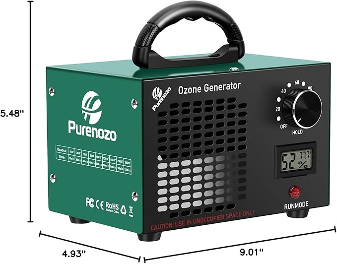 Ozone Generator & Ozone Odor Eliminator 60,000mg/h, Industrial & Home Ozone Machine with Temp/Humidity Display, Removing Odors for Rooms, Smoke, Cars, Pets, Basements, Farms(Green)