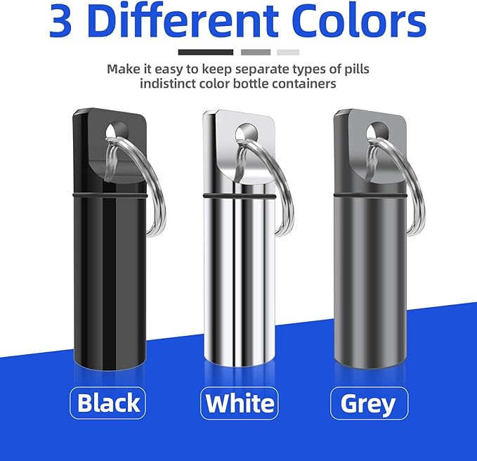 2 Pack Small Pocket Pill Box Keychain, Portable Mini Aluminium Alloy Pill Organizer Case Container for Purse, Waterproof Metal Pill Holder Medicine Bottle for Outdoor Camping Travel (Black & White)