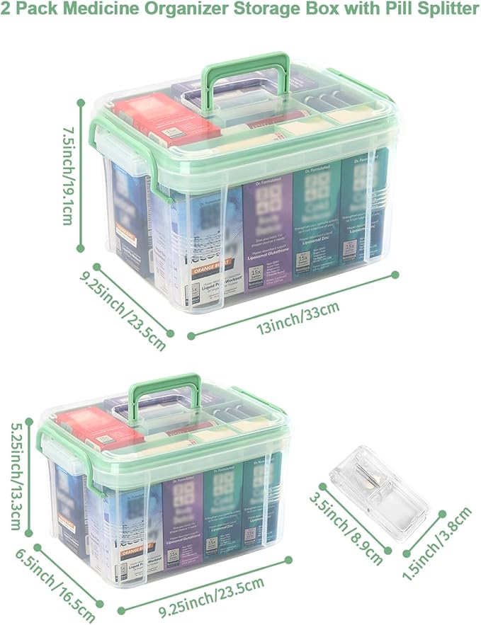 Medicine Organizer Storage Box with Pill Splitter,2 Pack Clear Portable Medicine Cabinet Organizer,Multipurpose Medicine Box with Lids,Trays,Labels,Handle,Empty First Aid Kit for Home,Travel