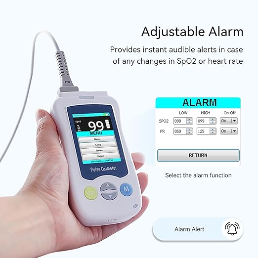 Overnight Pulse Oximeter, Medical Grade Accuarcy SpO2 & PR Continuous Pulse Oximeter Pediatric Blood Oxygen Saturation Monitor Handheld Infant with Adjustable Alarms and 500 Data Storage for Adult Baby