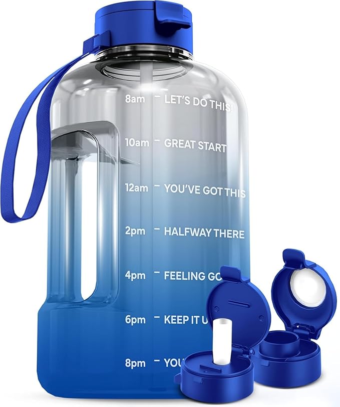 AQUAFIT 128 oz Water Bottle with Time Marker - Straw & Chug Lid - BPA Free 1 Gallon Gym Water Bottle with Handle - Big Gallon Jug (Blue Skies, 128 Ounces)