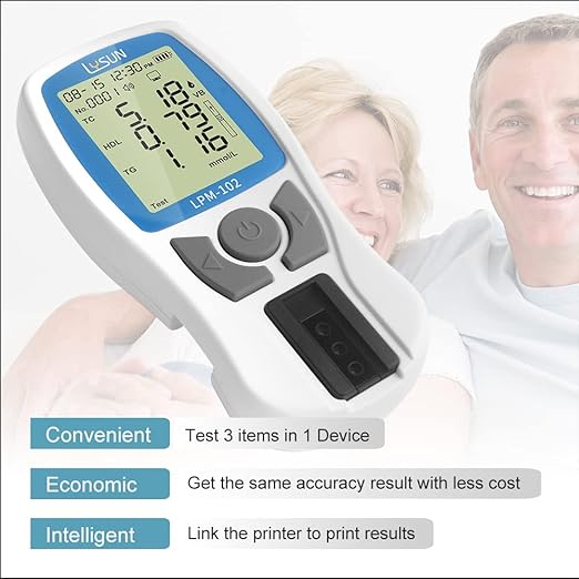 LYSUN Blood Lipid Analysis Meter System Multifunction Lipid kit Test HDL Triglycerides Cholesterol Test Meter (Lipid Meter with 10pcs of strips), white and dark blue