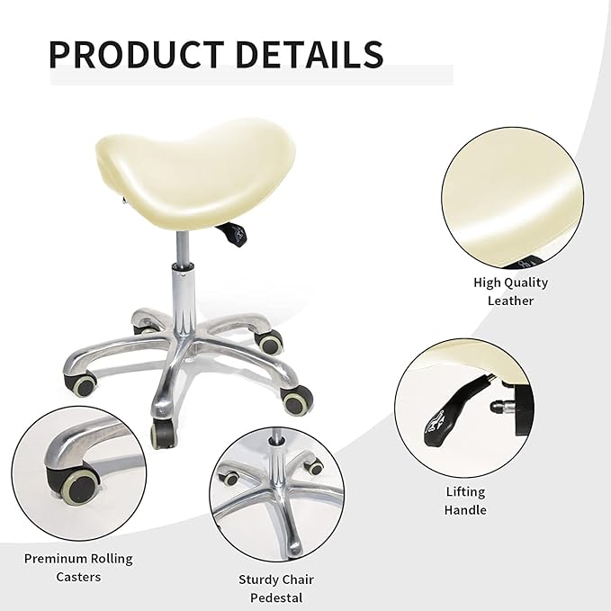 Saddle Stool with Wheels,Rolling Stool,Rolling Chair Ergonomic Swivel Rolling Chair with Hydraulic Lifting Height Adjustable Rolling for Office Medical Massage Salon Drafting(White)