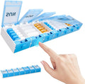 Push Button Weekly Pill Organizer, Medicine Pill Organizer, Pill Box Case 7 Day BPA-Free, Pill Container for Vitamins, Fish Oil, Supplements Medication (Blue)