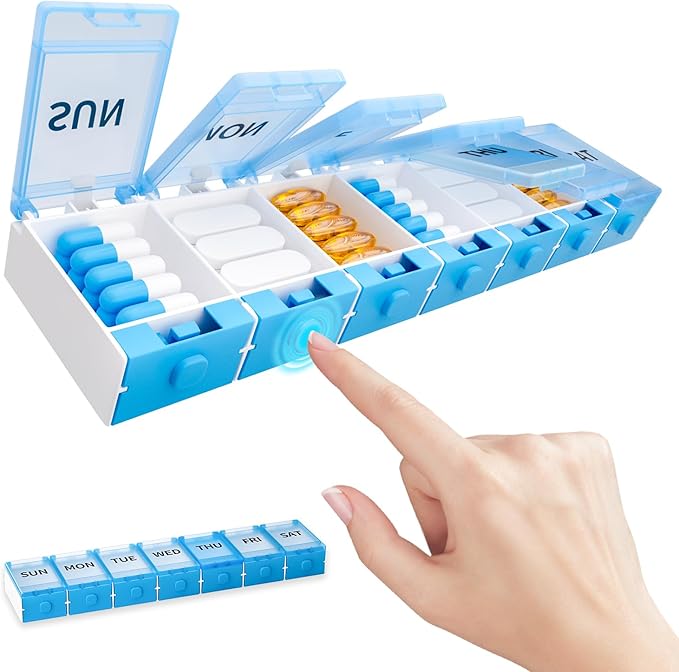 Push Button Weekly Pill Organizer, Medicine Pill Organizer, Pill Box Case 7 Day BPA-Free, Pill Container for Vitamins, Fish Oil, Supplements Medication (Blue)