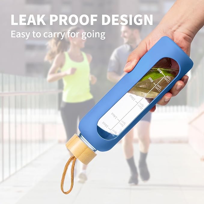 18 OZ Glass Water Bottles, Water Bottle with Time Marker, Leakproof Glass Water Bottles with Silicone Sleeves, Suitable for Offices and Gyms. (blue)
