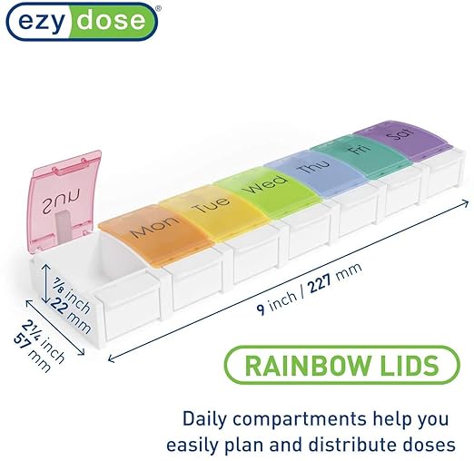 EZY DOSE Weekly 7-Day Pill Planner, Vitamin Organizer and Medicine Case, X-Large Push-Button Compartments for Easy Access, Durable Design with Colorful Rainbow Lids, Perfect for Home and Travel Use