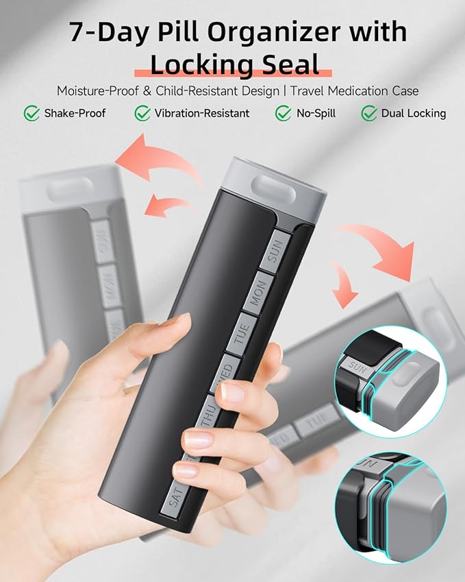 Travel Pill Organizer Weekly, 1 Time a Day ，Upgrade Premium Aluminum Alloy Daily Pill Box 7 Day, Portable Metal Pill Case, Cute Pill Holder to Hold Vitamins, Medicines, Pills, Supplements (Black)