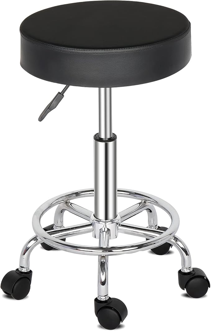 Modern Rolling Round Stool Chair,PU Leather Swivel Adjustable Rolling Stools,Ergonomic Swivel Salon Spa Barstools,Office Drafting Chairs,with Wheels,for Home, Kitchen, Medical, Lab (Black)