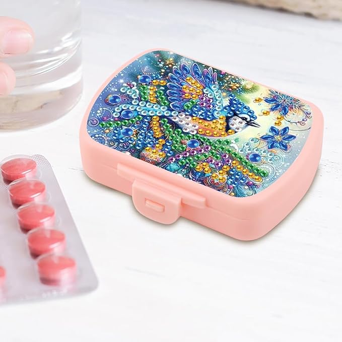 C'eitura 2pcs DIY Colorful Bird Diamond Art Painting Pink Pill Organizer with 6 Lid Detachable Compartments, Fun DIY Craft Project for Adults, Elegant Pill Case for Purse & Travel