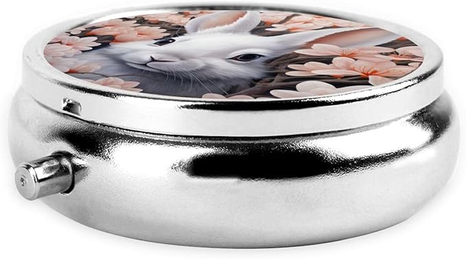 Cherry Blossoms Rabbit Pill Box 3 Compartment Pill Case, Portable Medicine Pill Organizer for Pocket Purse Pill Box Decorative Metal Medicine Vitamin Organizer