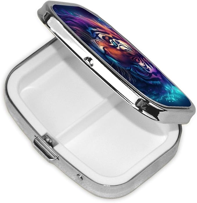 Enchantig Tiger Pill Box with Mirror 2 Compartments Square Pill Organizer for Pocket