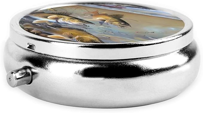 Fishing Lake Fishermen Printed Round Travel Pill Box Cute Small Metal Pocket Pill Case for Men & Women 3 Compartment Portable Pill Organizer for Purse or Pocket