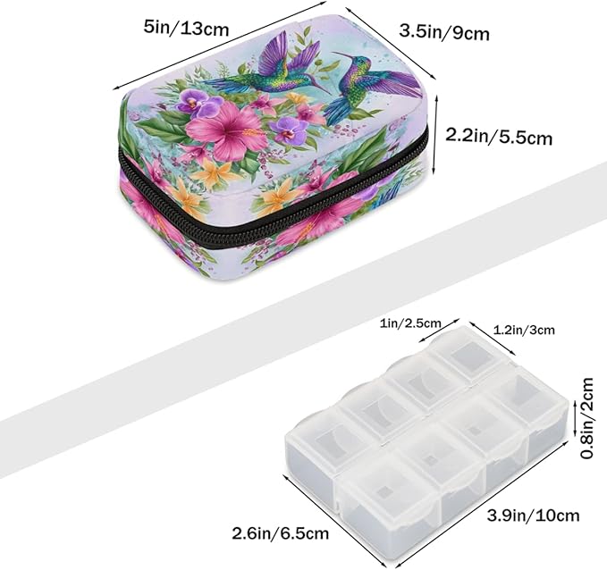 Spring Flowers Birds Pill Case Everyday Travel, 7 Day Weekly Medicine Pill Box Compact Portable Pills Bottle Organizer with Zipper for Daily Vitamin Medicine Holder Bottle Organizers Bag