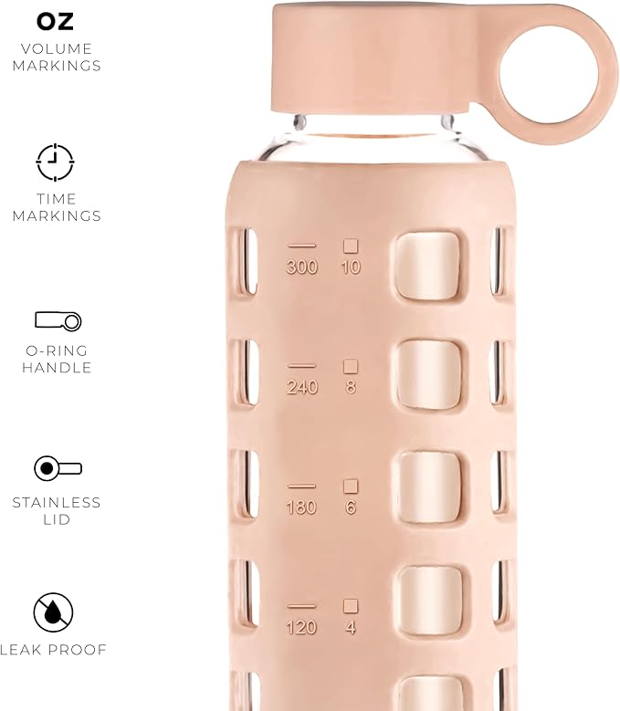 purifyou 40oz / 32oz / 22oz / 12oz Borosilicate Glass Water Bottle with Time & Volume Markers, Silicone Sleeve, Stainless Steel Lid | Reusable Glass Bottle for Water & Juice (12oz Hazelnut)