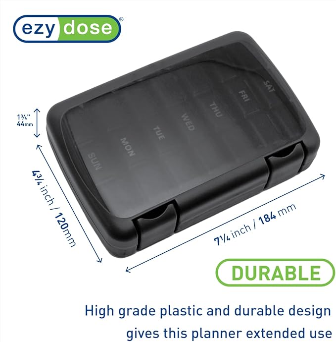 Ezy Dose Weekly (7-Day) Daily Medtime Pill Organizer Case, Vitamin Planner and Medicine Container, Removable Large Pop-Out Individual Compartments, 3 Times a Day, Travel Friendly Black, BPA Free