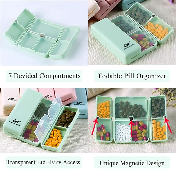 Magnetic Foldable Pill Case, Daily Pill Box Organizer Easy to Open, BPA Free, 7-Day Portable Weekly Vitamin Dispenser Reminder for Medicine, Fish Oil, Supplements, Capsule, DHA, Beige White
