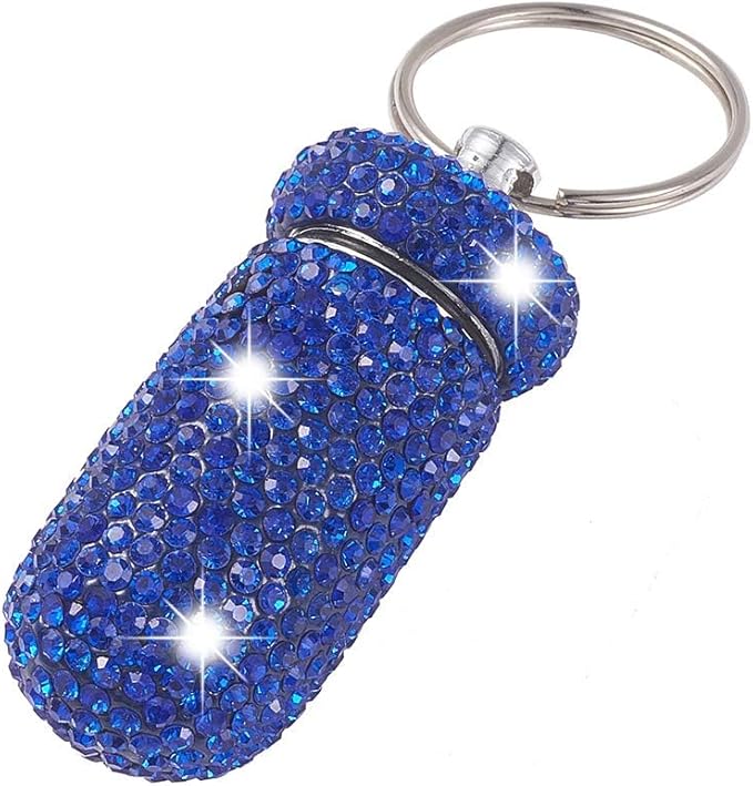 XhuangTech Waterproof Keychain Pill Box Bling Round Medicine Organizer Holder Container Aluminum Portable Mini Bottle Storage Case for Outdoor Travel Camping Purse Pocket (Deep Blue)