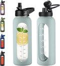 40 oz Glass Water Bottle With Straw and Handle, Sports Motivational Water Jug Flask with Silicone Sleeve, Large Water Cup with Time Marker for Travel, Gym, Sage