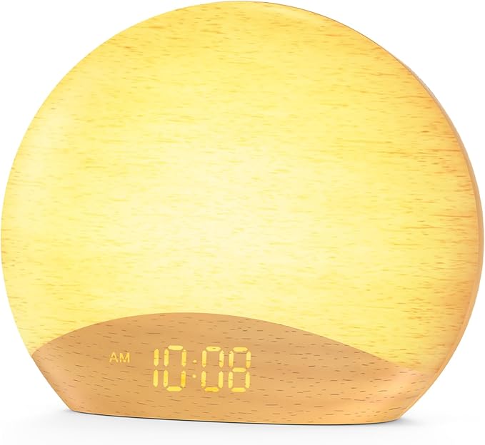 HOUSBAY Sunrise Alarm Clock Sound Machine, Wake Up Light- Soothing Sleep Sounds, Gentle Sunrise Alarm, Dimmable Night Light, Digital Clock & White Noise for Sleeping, Bedroom (Full Wooden Tone)